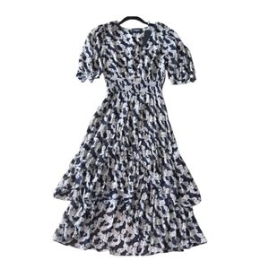 The Kooples Navy and Cream High Low Midi Dress